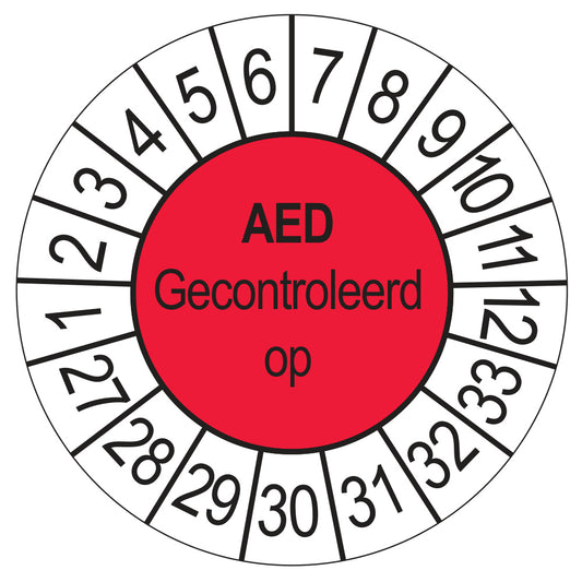 Keuringssticker AED Gecontroleerd op 2027, rood, Ø 35 mm