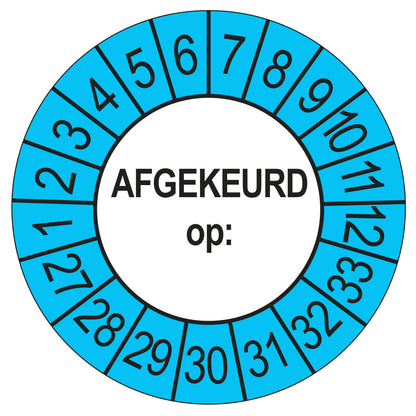 Keuringssticker afgekeurd op buiten blauw, rond 35 mm, jaartallen 2027