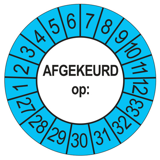 Keuringssticker afgekeurd op buiten blauw, rond 35 mm, jaartallen 2027