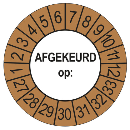 Keuringssticker afgekeurd op buiten bruin, rond 35 mm, jaartallen 2027