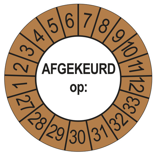 Keuringssticker afgekeurd op buiten bruin, rond 35 mm, jaartallen 2027