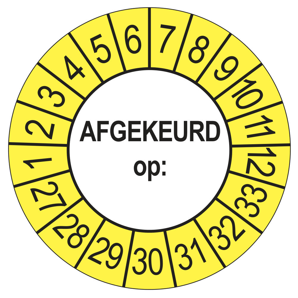 Keuringssticker afgekeurd op buiten geel, rond 35 mm, jaartallen 2027