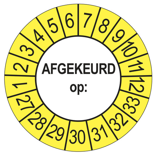 Keuringssticker afgekeurd op buiten geel, rond 35 mm, jaartallen 2027
