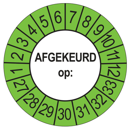 Keuringssticker afgekeurd op buiten groen, rond 35 mm, jaartallen 2027
