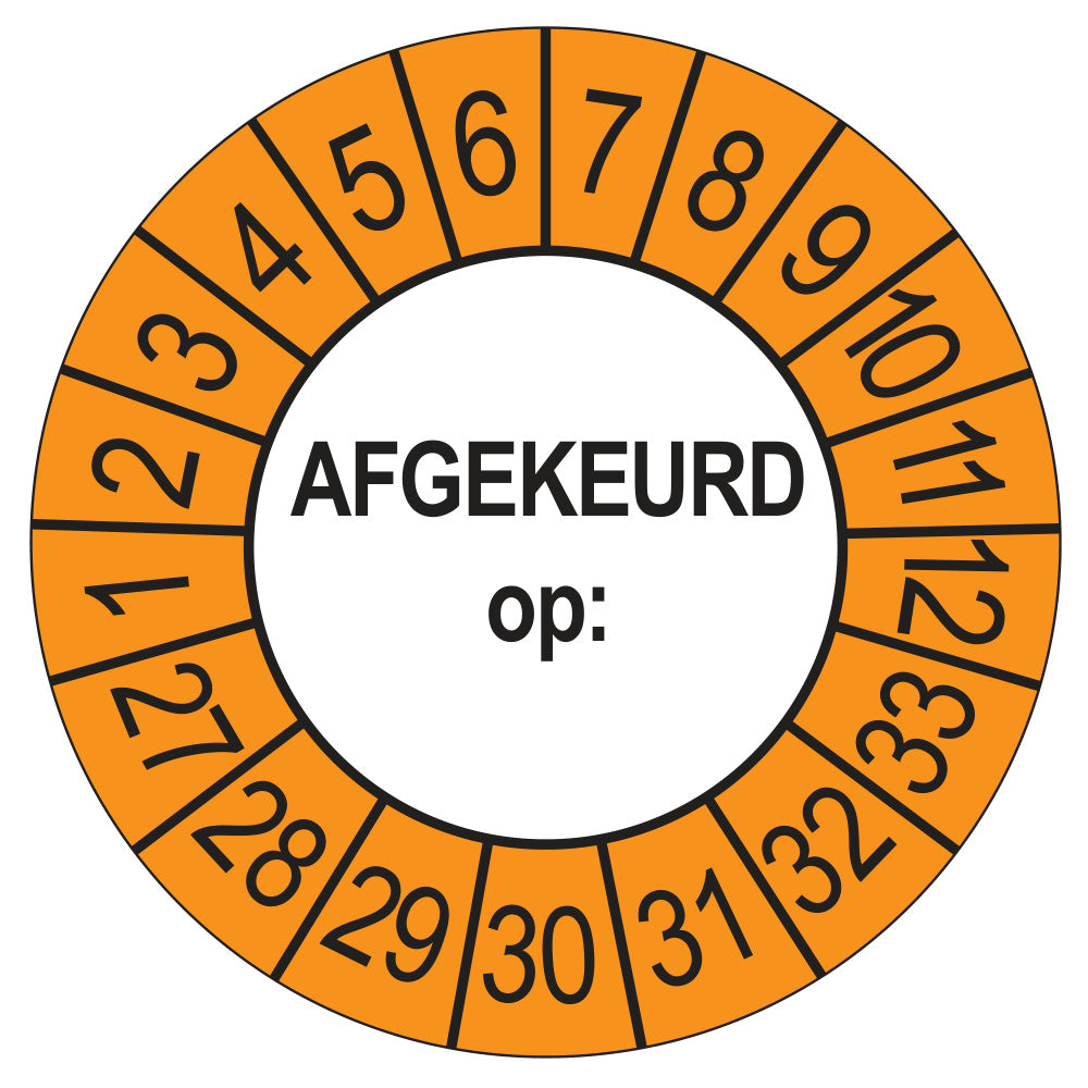 Keuringssticker afgekeurd op buiten oranje, rond 35 mm, jaartallen 2027