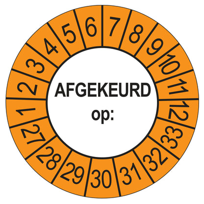 Keuringssticker afgekeurd op buiten oranje, rond 35 mm, jaartallen 2027