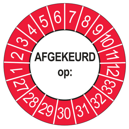 Keuringssticker afgekeurd op buiten rood, rond 35 mm, jaartallen 2027