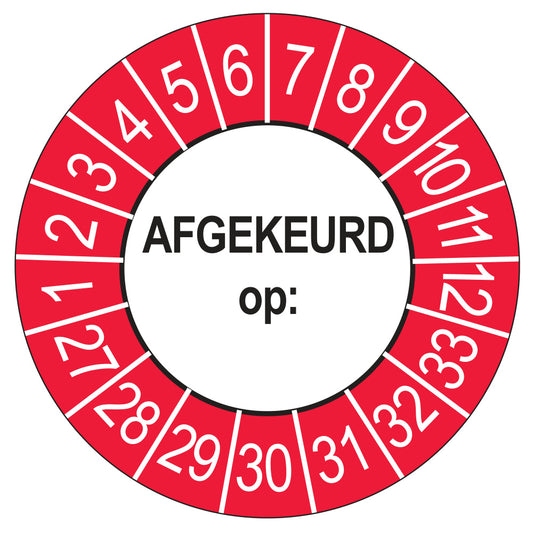 Keuringssticker afgekeurd op buiten rood, rond 35 mm, jaartallen 2027