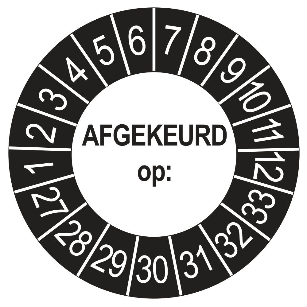 Keuringssticker afgekeurd op buiten zwart, rond 35 mm, jaartallen 2027