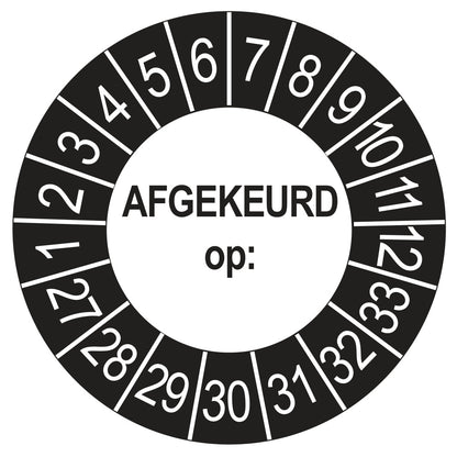 Keuringssticker afgekeurd op buiten zwart, rond 35 mm, jaartallen 2027