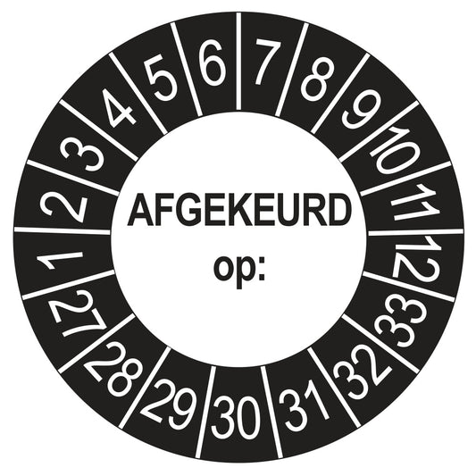 Keuringssticker afgekeurd op buiten zwart, rond 35 mm, jaartallen 2027