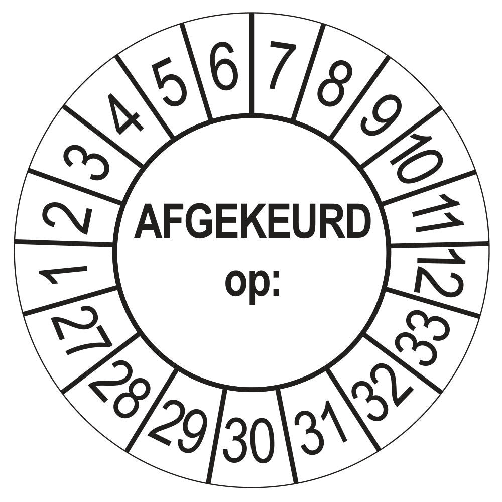 Keuringssticker afgekeurd op wit, rond 35 mm, jaartallen 2027