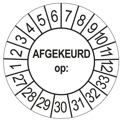 Keuringssticker afgekeurd op wit, rond 35 mm, jaartallen 2027