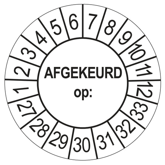 Keuringssticker afgekeurd op wit, rond 35 mm, jaartallen 2027