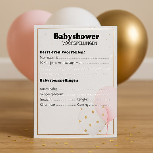 Roze en gouden babyshower invulkaart op de vloer tussen roze, witte en gouden ballonnen met confetti