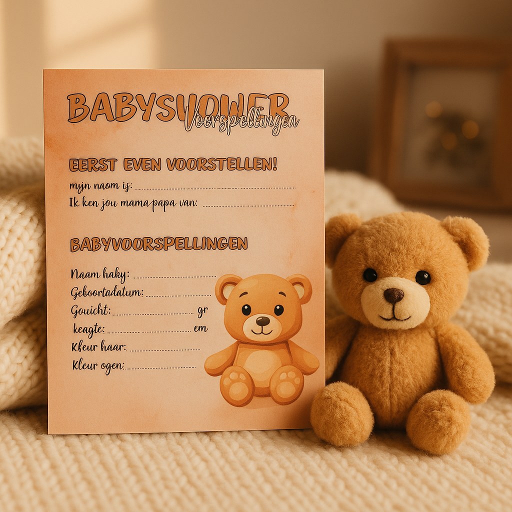 Babyshower invulkaart met teddybeer tegen een knuffelbeer op een gebreide deken in een knusse hoek