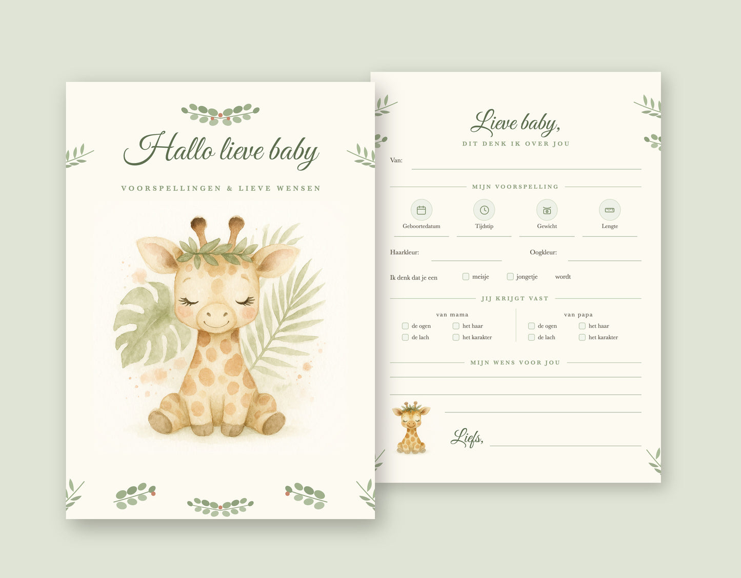 Babyshower invulkaart A5 met aquarel babygiraf tussen jungle-bladeren, voorkant en invulformulier