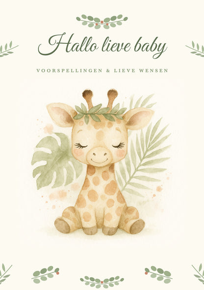 Voorkant babyshower invulkaart met babygiraf, monstera- en palmbladeren in sage en terracotta
