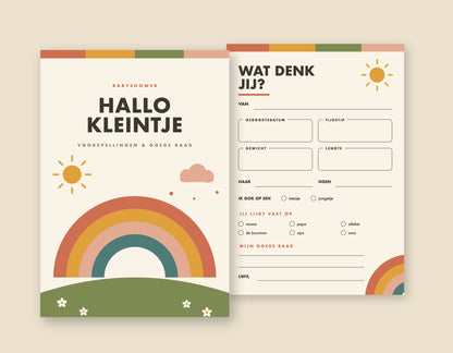 Babyshower invulkaart A5 met retro regenboog in jaren 70-kleuren, voorkant en invulformulier