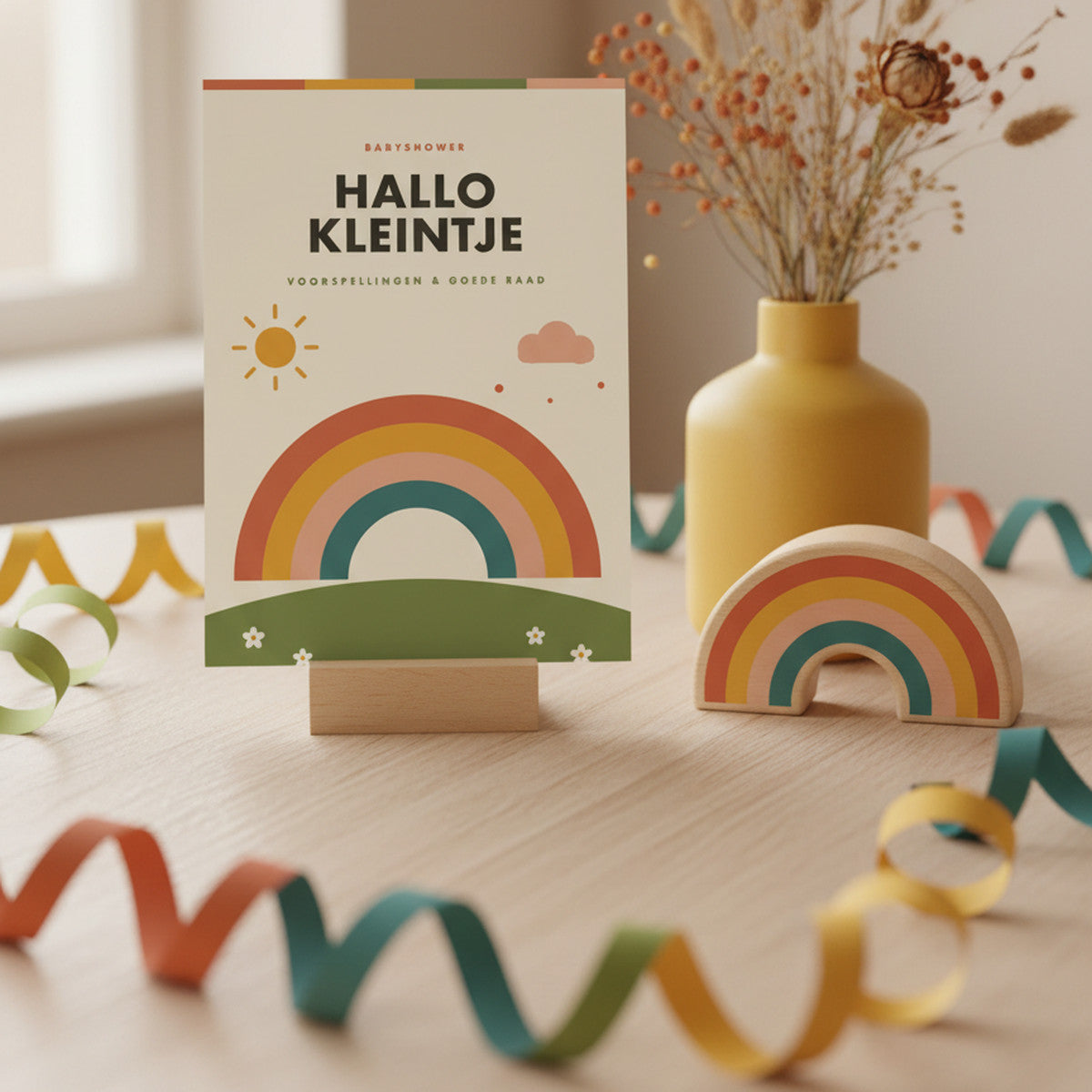 Retro babyshower invulkaart rechtop naast een houten regenboog en droogbloemen in een mosterdgele vaas