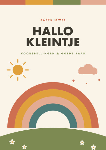 Voorkant babyshower invulkaart met retro regenboog op een heuvel, zonnetje en wolkje