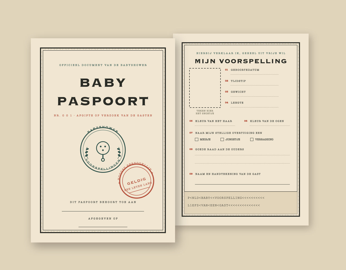 Babyshower invulkaart A5 in de vorm van een babypaspoort, voorkant en invulformulier