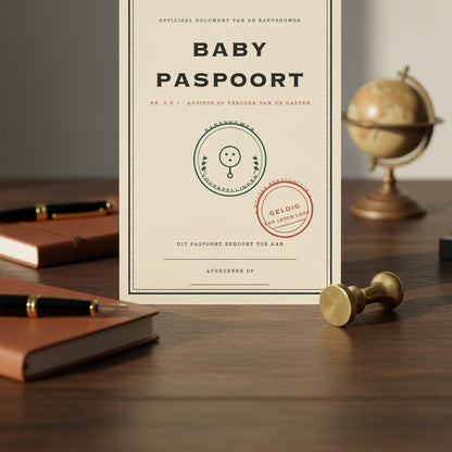 Babypaspoort-invulkaart rechtop op een houten bureau met een stempel, notitieboek en vulpen