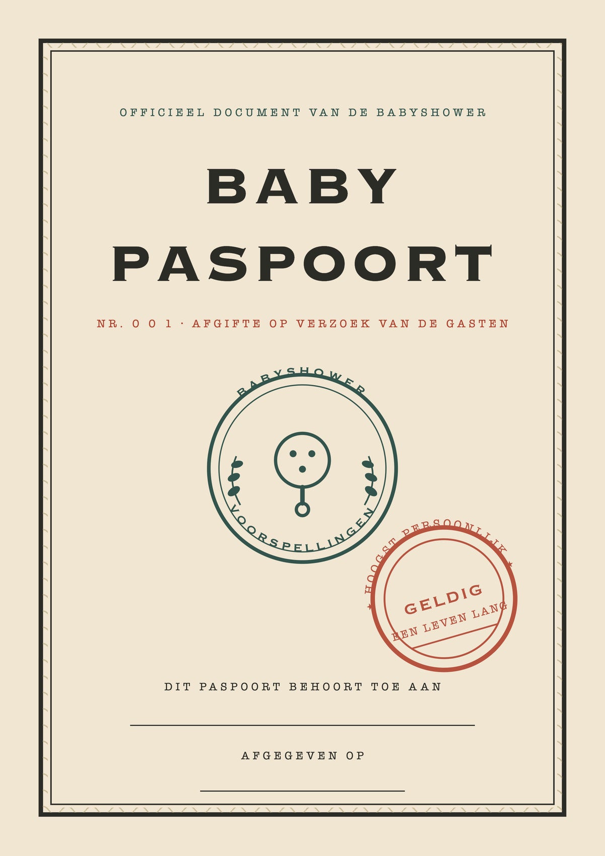 Voorkant babyshower invulkaart als babypaspoort met embleem en stempel geldig een leven lang