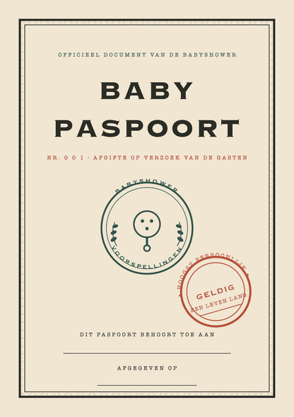 Voorkant babyshower invulkaart als babypaspoort met embleem en stempel geldig een leven lang