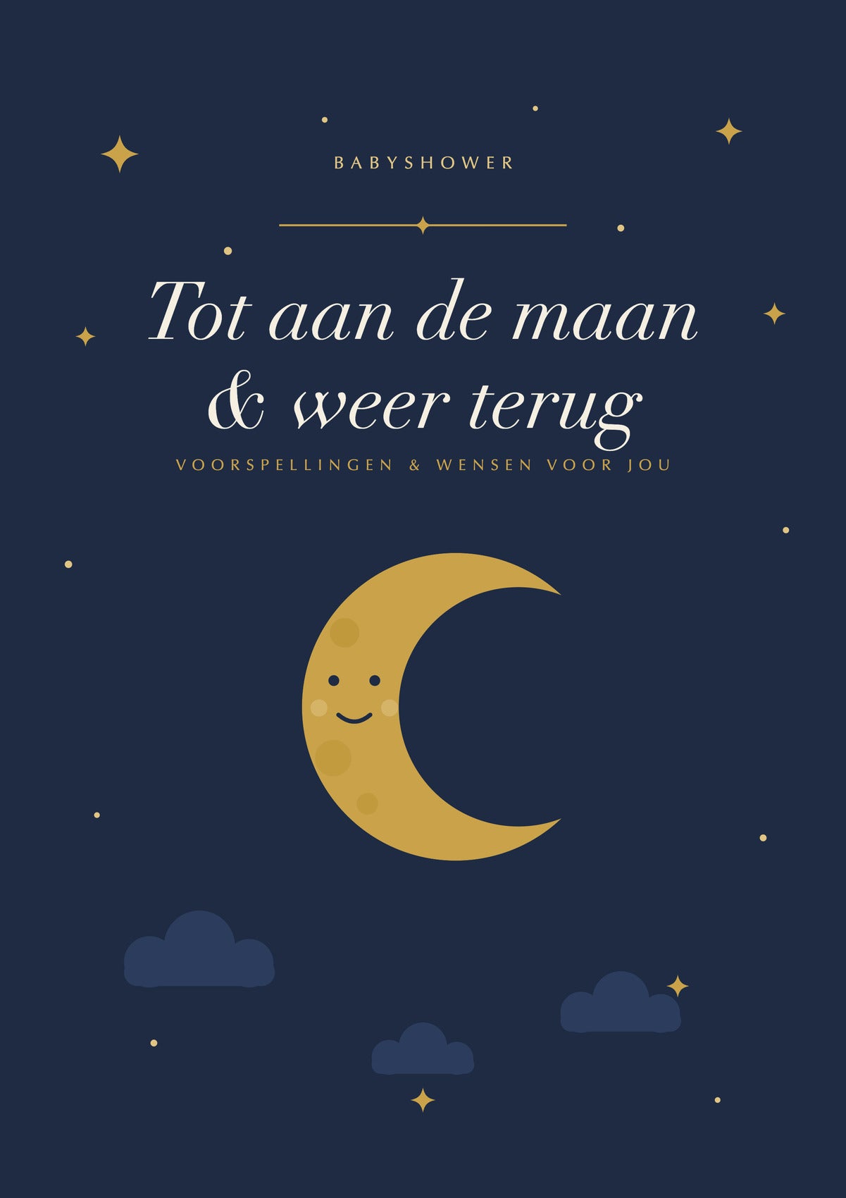 Voorkant babyshower invulkaart met gouden maansikkel en sterrenhemel op nachtblauw