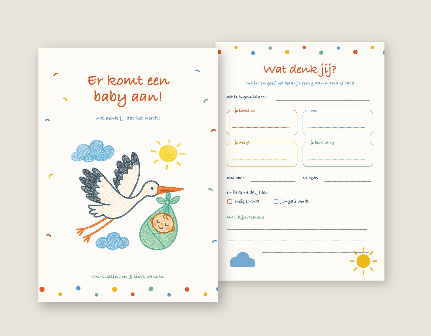 Babyshower invulkaart A5 met ooievaar in kleurpotlood, voorkant en invulformulier
