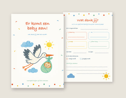 Babyshower invulkaart A5 met ooievaar in kleurpotlood, voorkant en invulformulier
