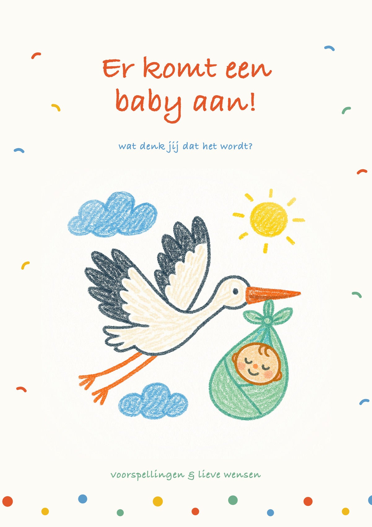 Voorkant babyshower invulkaart met een ooievaar met bundeltje in kleurpotlood en confetti