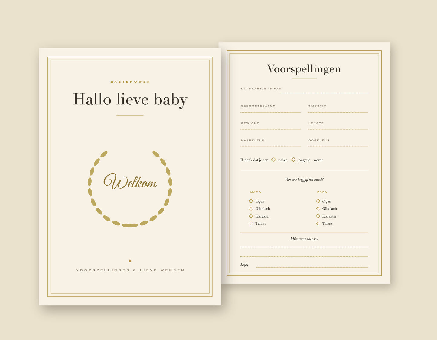 Klassieke babyshower invulkaart A5 in ivoor met goud, voorkant en invulformulier naast elkaar