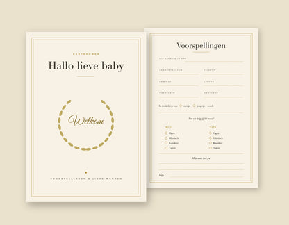 Klassieke babyshower invulkaart A5 in ivoor met goud, voorkant en invulformulier naast elkaar