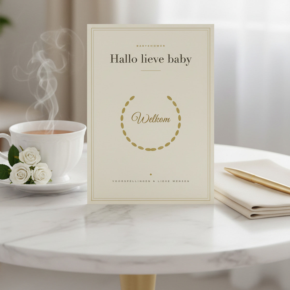 Klassieke babyshower invulkaart op een marmeren tafel met witte rozen en een gouden pen