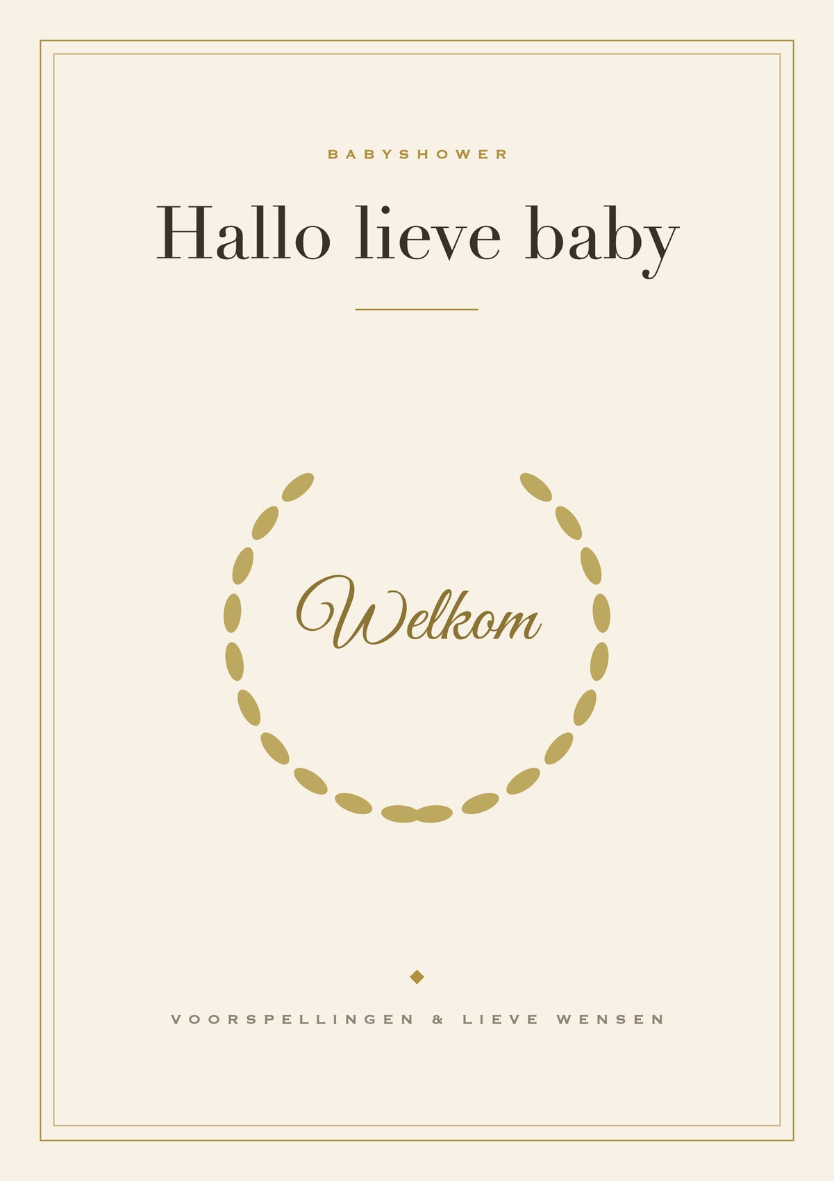 Voorkant klassieke babyshower invulkaart met gouden laurierkrans en de tekst Hallo lieve baby
