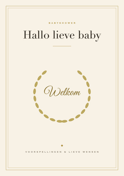 Voorkant klassieke babyshower invulkaart met gouden laurierkrans en de tekst Hallo lieve baby