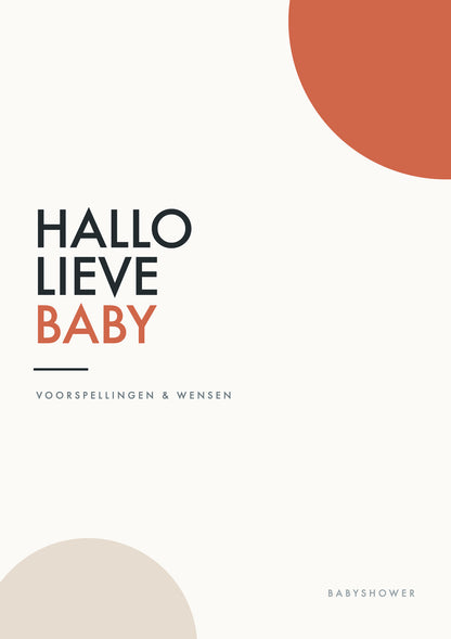 Voorkant moderne babyshower invulkaart met grote letter Hallo lieve baby en een terracotta vlak