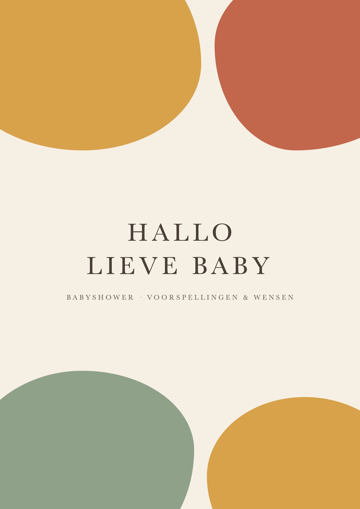 Voorkant abstracte babyshower invulkaart met organische vlakken in oker, terracotta en salie