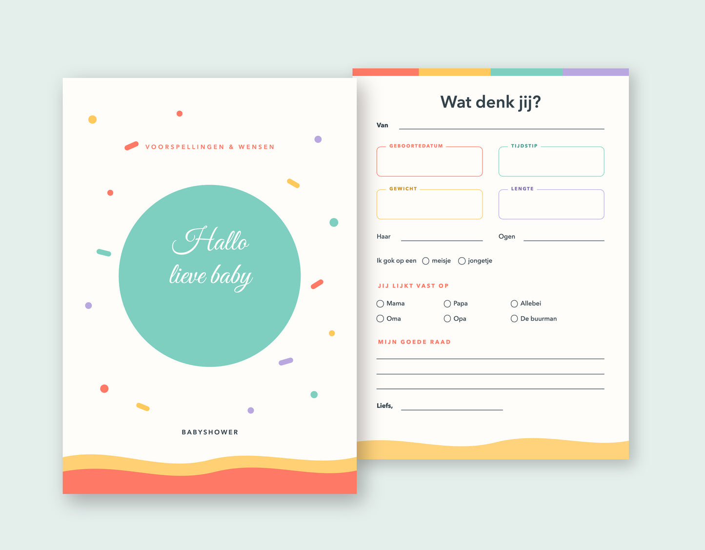 Kleurrijke babyshower invulkaart A5 met confetti in koraal en mint, voorkant en invulformulier