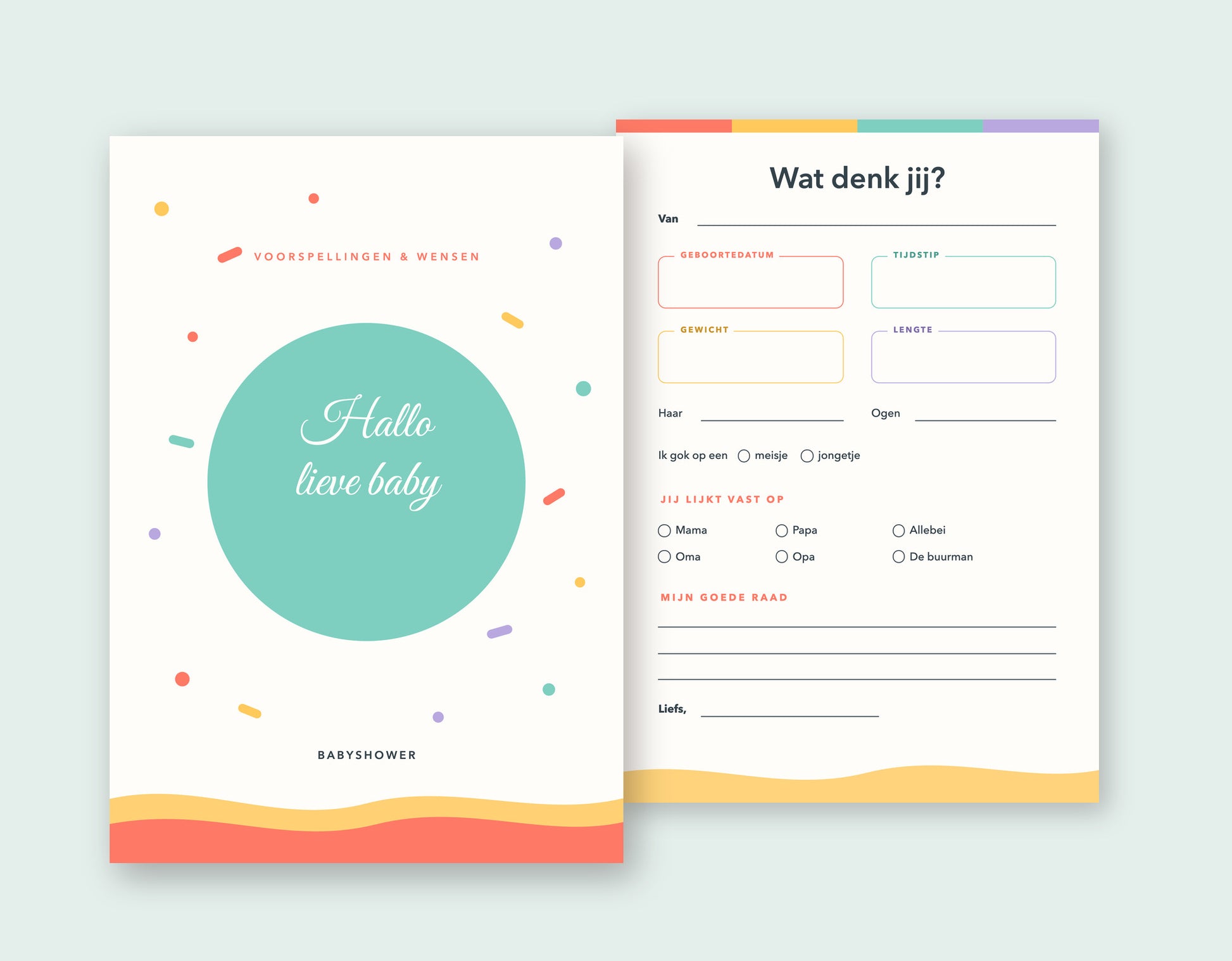 Kleurrijke babyshower invulkaart A5 met confetti in koraal en mint, voorkant en invulformulier