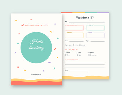 Kleurrijke babyshower invulkaart A5 met confetti in koraal en mint, voorkant en invulformulier