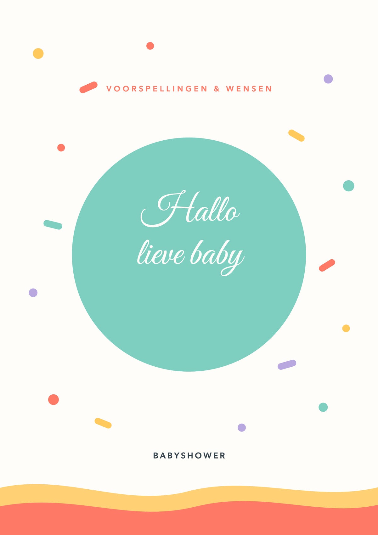 Voorkant kleurrijke babyshower invulkaart met mintcirkel, confetti en de tekst Hallo lieve baby