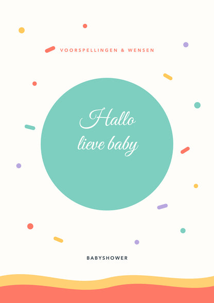 Voorkant kleurrijke babyshower invulkaart met mintcirkel, confetti en de tekst Hallo lieve baby