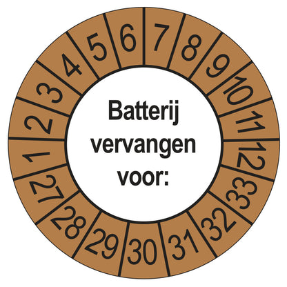 Keuringsstickers Batterij Vervangen 2027 | 50 stuks, Ø 35 mm | Buiten Bruin