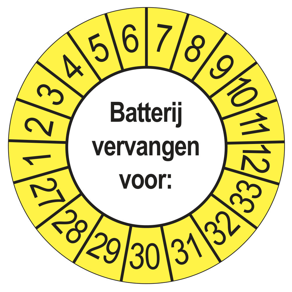 Keuringsstickers Batterij Vervangen 2027 | 50 stuks, Ø 35 mm | Buiten Geel