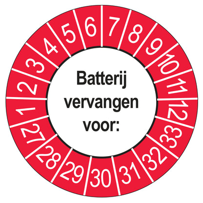 Keuringsstickers Batterij Vervangen 2027 | 50 stuks, Ø 35 mm | Buiten Rood