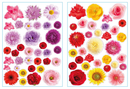 Twee stickervellen met 67 bloemenstickers in roze, paars, rood en geel