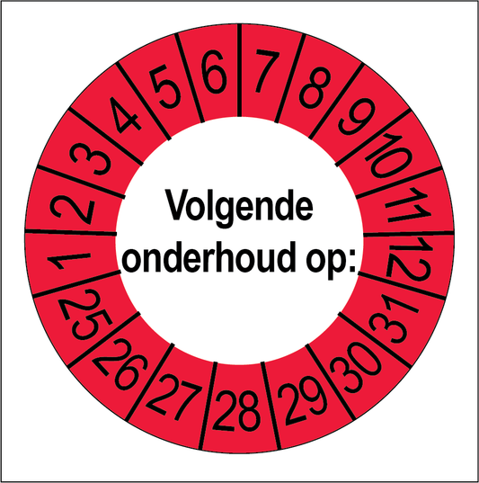 Keuringssticker Volgende Onderhoud, wit met rode buitenrand, rond 35 mm vinyl